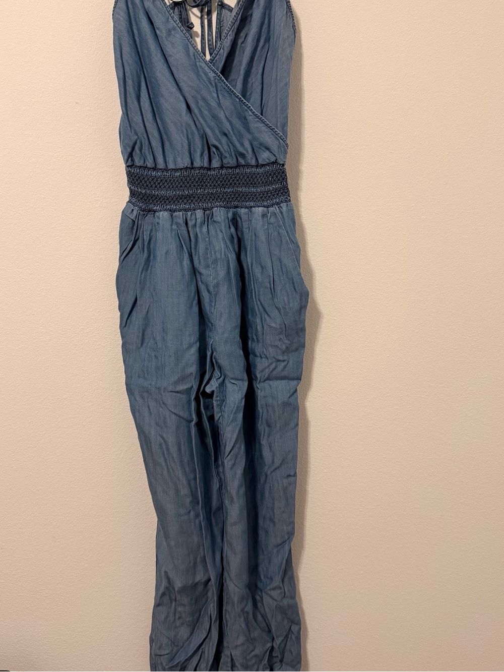 Bebe Denim-Blue Smocked Waist Jumpsuit S/P